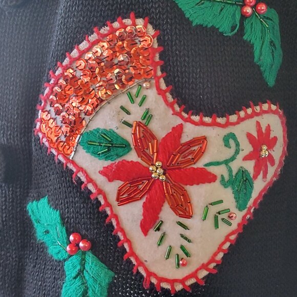 Vintage Christmas Cardigan Sweater With Embroidered Stockings & Holly - Picture 13 of 16